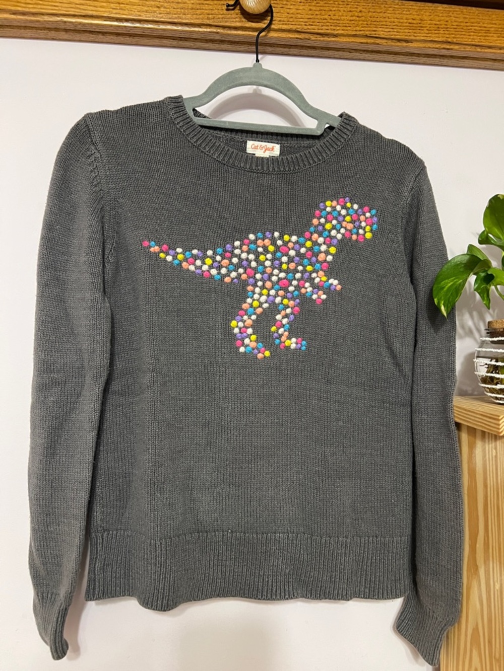 Cat & Jack Gray Girls Sweater with Colorful Pom-Pom Dinosaur